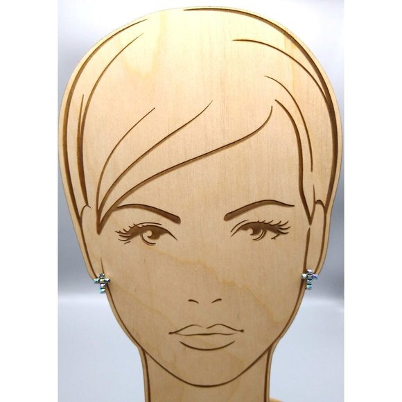 Vintage Dainty Crystal Cross Earrings with Blue AB Sparkle, Classic Tiny Screw - Picture 3 of 7